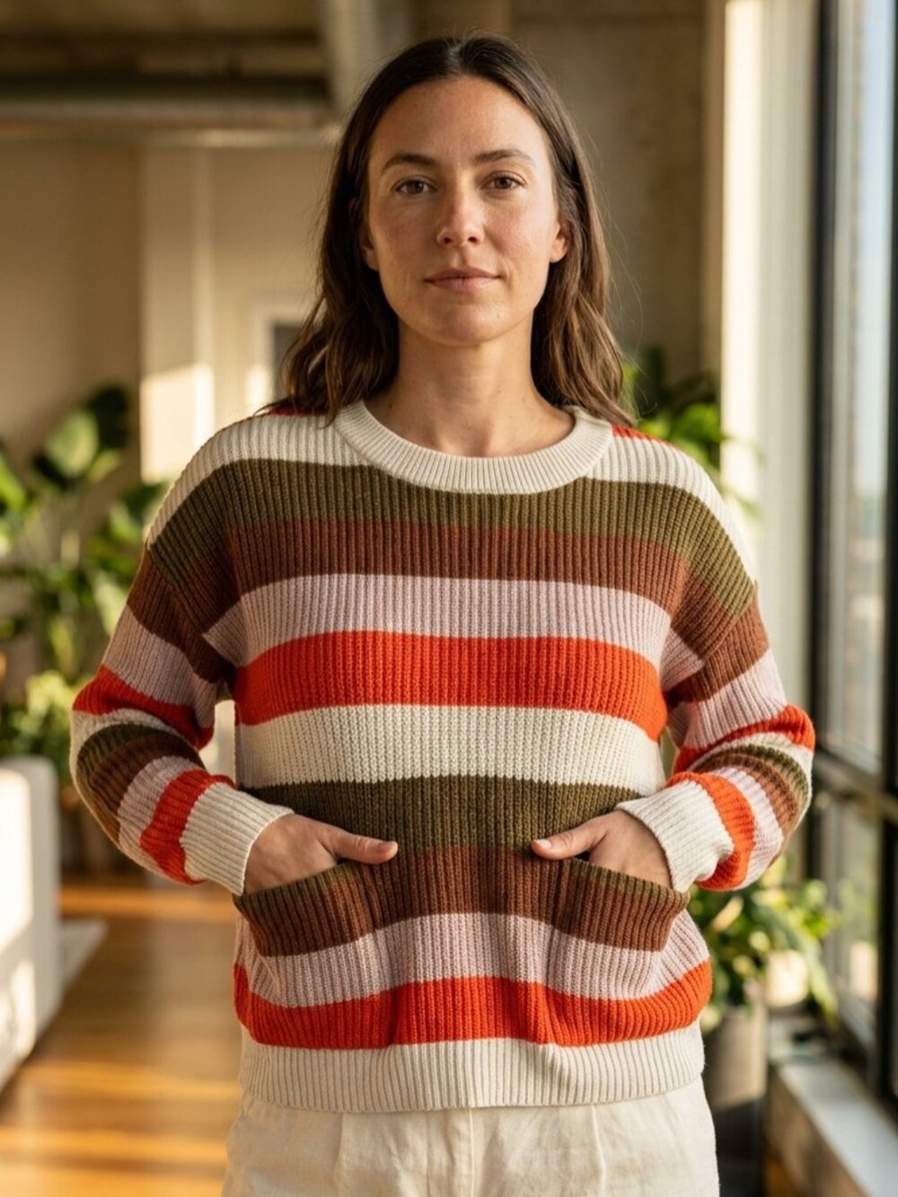 Madewell Striped Crewneck Sweater Women's Medium Rib Knit Front Pocket Pullover